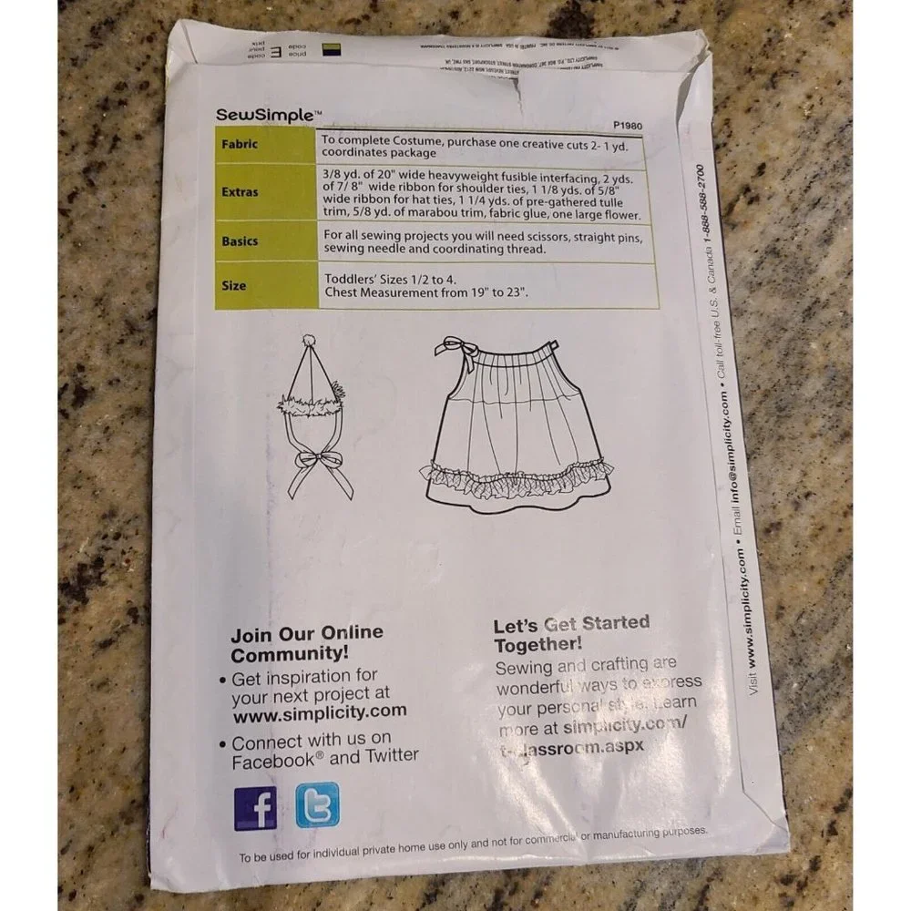 Simplicity Sewing Pattern P1980 Girls Halloween Costume Dress Sew Simple Toddler